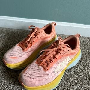 Hoka Bondi 8 Women's Coral and Lemon Athletic Shoes